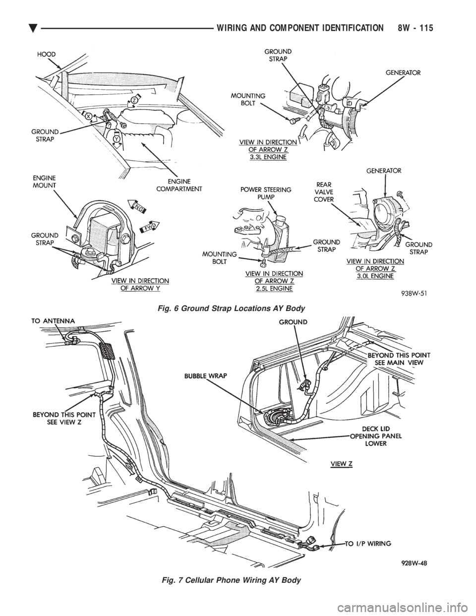 CHEVROLET PLYMOUTH ACCLAIM 1993 Service Manual Fig. 6 Ground Strap Locations AY Body
Fig. 7 Cellular Phone Wiring AY Body
Ä WIRING AND COMPONENT IDENTIFICATION 8W - 115 CHEVROLET PLYMOUTH ACCLAIM 1993 Service Manual Fig. 6 Ground Strap Locations AY Body
Fig. 7 Cellular Phone Wiring AY Body
Ä WIRING AND COMPONENT IDENTIFICATION 8W - 115