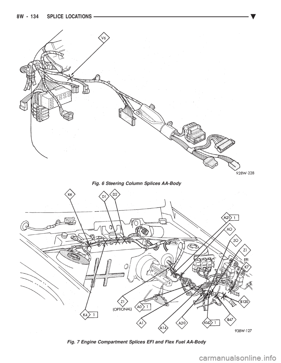 CHEVROLET PLYMOUTH ACCLAIM 1993 Service Manual Fig. 6 Steering Column Splices AA-Body
Fig. 7 Engine Compartment Splices EFI and Flex Fuel AA-Body
8W - 134 SPLICE LOCATIONS Ä CHEVROLET PLYMOUTH ACCLAIM 1993 Service Manual Fig. 6 Steering Column Splices AA-Body
Fig. 7 Engine Compartment Splices EFI and Flex Fuel AA-Body
8W - 134 SPLICE LOCATIONS Ä