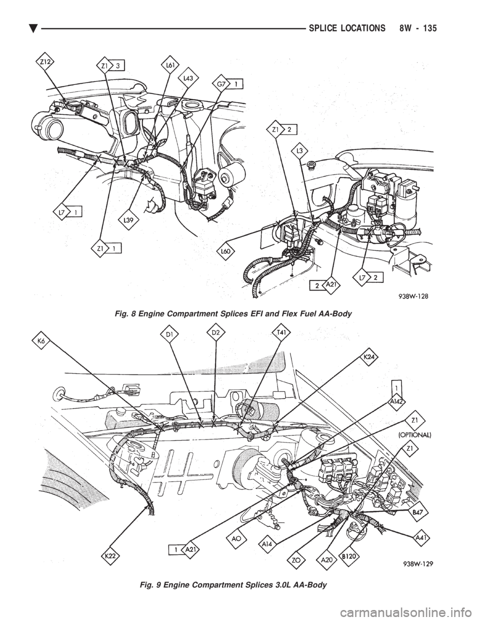 CHEVROLET PLYMOUTH ACCLAIM 1993 Service Manual Fig. 8 Engine Compartment Splices EFI and Flex Fuel AA-Body
Fig. 9 Engine Compartment Splices 3.0L AA-Body
Ä SPLICE LOCATIONS 8W - 135 CHEVROLET PLYMOUTH ACCLAIM 1993 Service Manual Fig. 8 Engine Compartment Splices EFI and Flex Fuel AA-Body
Fig. 9 Engine Compartment Splices 3.0L AA-Body
Ä SPLICE LOCATIONS 8W - 135