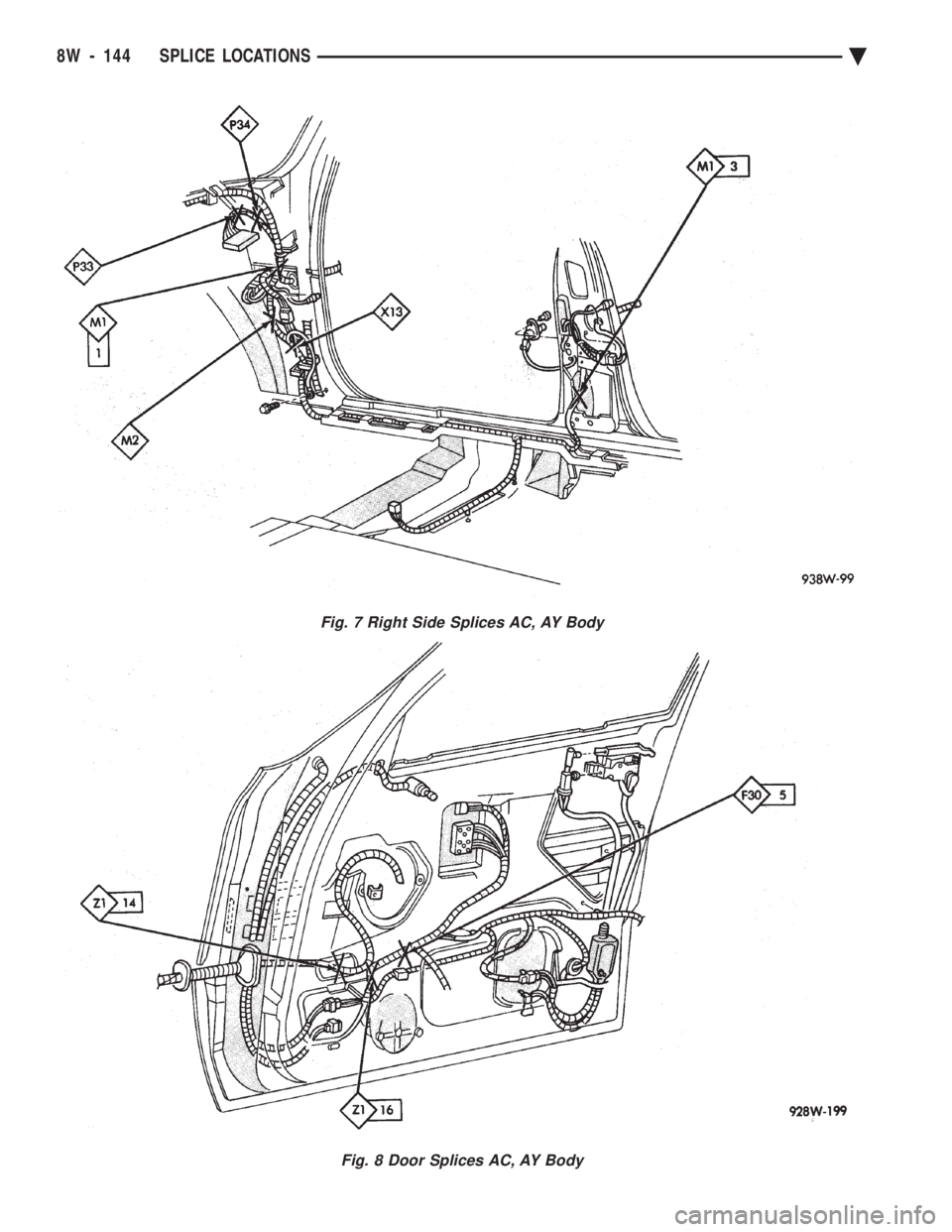 CHEVROLET PLYMOUTH ACCLAIM 1993 Service Manual Fig. 7 Right Side Splices AC, AY Body
Fig. 8 Door Splices AC, AY Body
8W - 144 SPLICE LOCATIONS Ä CHEVROLET PLYMOUTH ACCLAIM 1993 Service Manual Fig. 7 Right Side Splices AC, AY Body
Fig. 8 Door Splices AC, AY Body
8W - 144 SPLICE LOCATIONS Ä