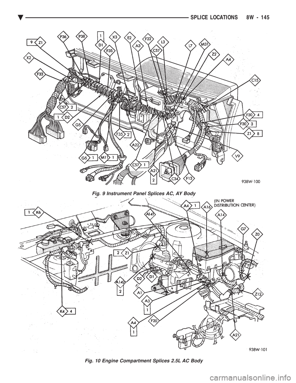CHEVROLET PLYMOUTH ACCLAIM 1993 Service Manual Fig. 9 Instrument Panel Splices AC, AY Body
Fig. 10 Engine Compartment Splices 2.5L AC Body
Ä SPLICE LOCATIONS 8W - 145 CHEVROLET PLYMOUTH ACCLAIM 1993 Service Manual Fig. 9 Instrument Panel Splices AC, AY Body
Fig. 10 Engine Compartment Splices 2.5L AC Body
Ä SPLICE LOCATIONS 8W - 145