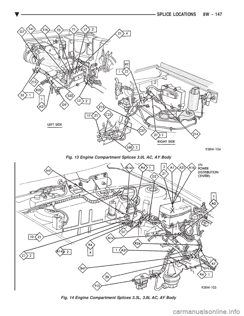 CHEVROLET PLYMOUTH ACCLAIM 1993 Service Manual Fig. 13 Engine Compartment Splices 3.0L AC, AY Body
Fig. 14 Engine Compartment Splices 3.3L, 3.8L AC, AY Body
Ä SPLICE LOCATIONS 8W - 147 CHEVROLET PLYMOUTH ACCLAIM 1993 Service Manual Fig. 13 Engine Compartment Splices 3.0L AC, AY Body
Fig. 14 Engine Compartment Splices 3.3L, 3.8L AC, AY Body
Ä SPLICE LOCATIONS 8W - 147