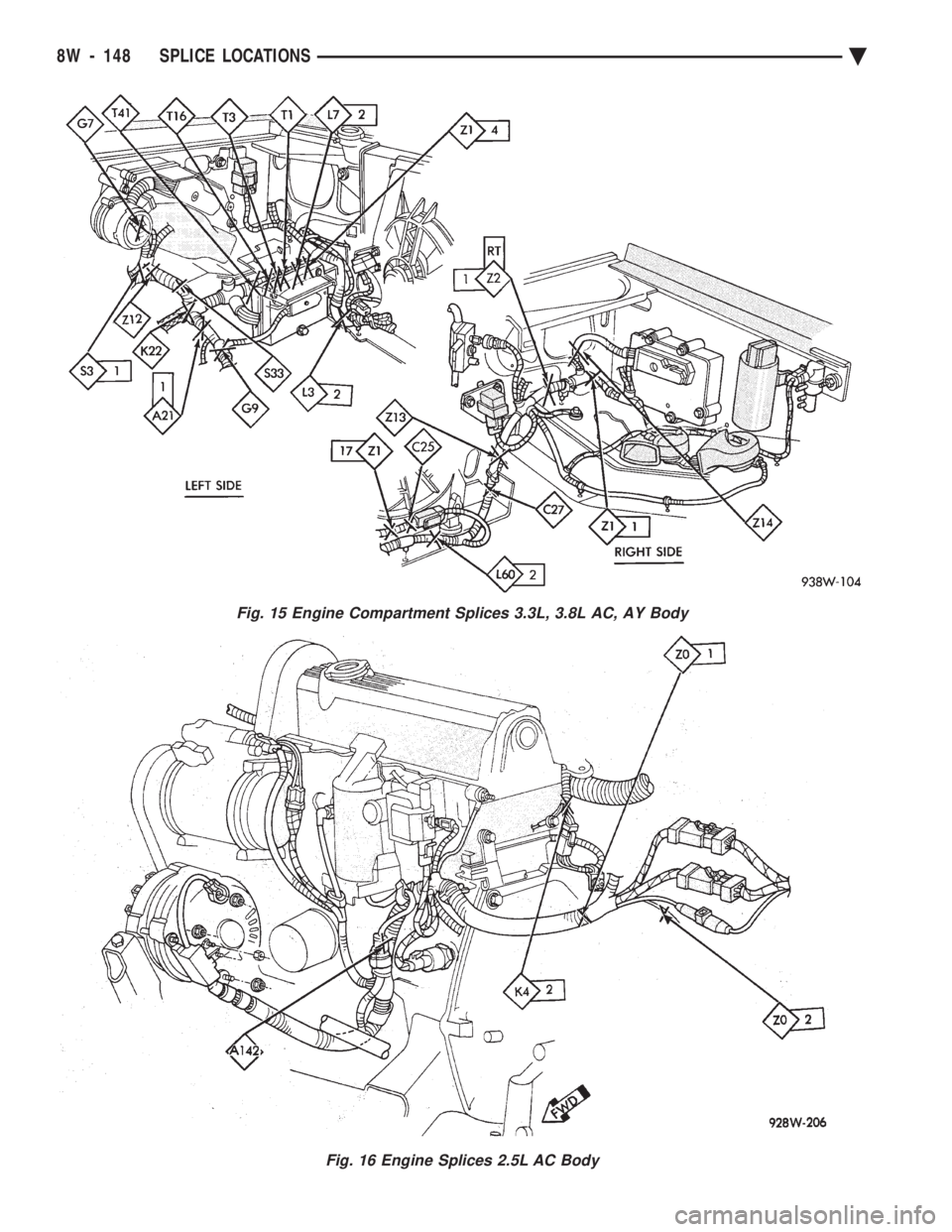 CHEVROLET PLYMOUTH ACCLAIM 1993 Service Manual Fig. 15 Engine Compartment Splices 3.3L, 3.8L AC, AY Body
Fig. 16 Engine Splices 2.5L AC Body
8W - 148 SPLICE LOCATIONS Ä CHEVROLET PLYMOUTH ACCLAIM 1993 Service Manual Fig. 15 Engine Compartment Splices 3.3L, 3.8L AC, AY Body
Fig. 16 Engine Splices 2.5L AC Body
8W - 148 SPLICE LOCATIONS Ä