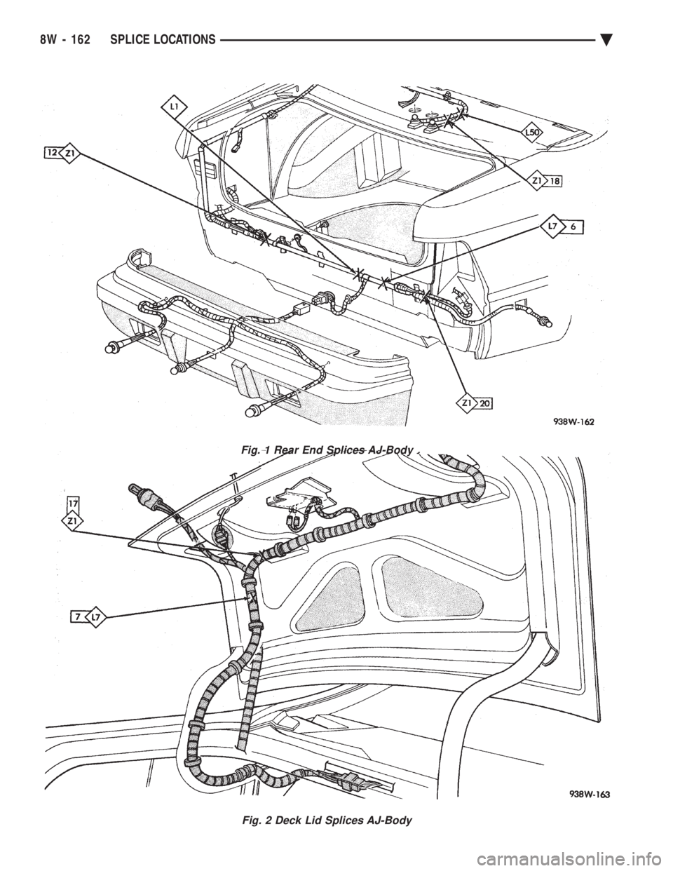 CHEVROLET PLYMOUTH ACCLAIM 1993 Service Manual Fig. 1 Rear End Splices AJ-Body
Fig. 2 Deck Lid Splices AJ-Body
8W - 162 SPLICE LOCATIONS Ä CHEVROLET PLYMOUTH ACCLAIM 1993 Service Manual Fig. 1 Rear End Splices AJ-Body
Fig. 2 Deck Lid Splices AJ-Body
8W - 162 SPLICE LOCATIONS Ä