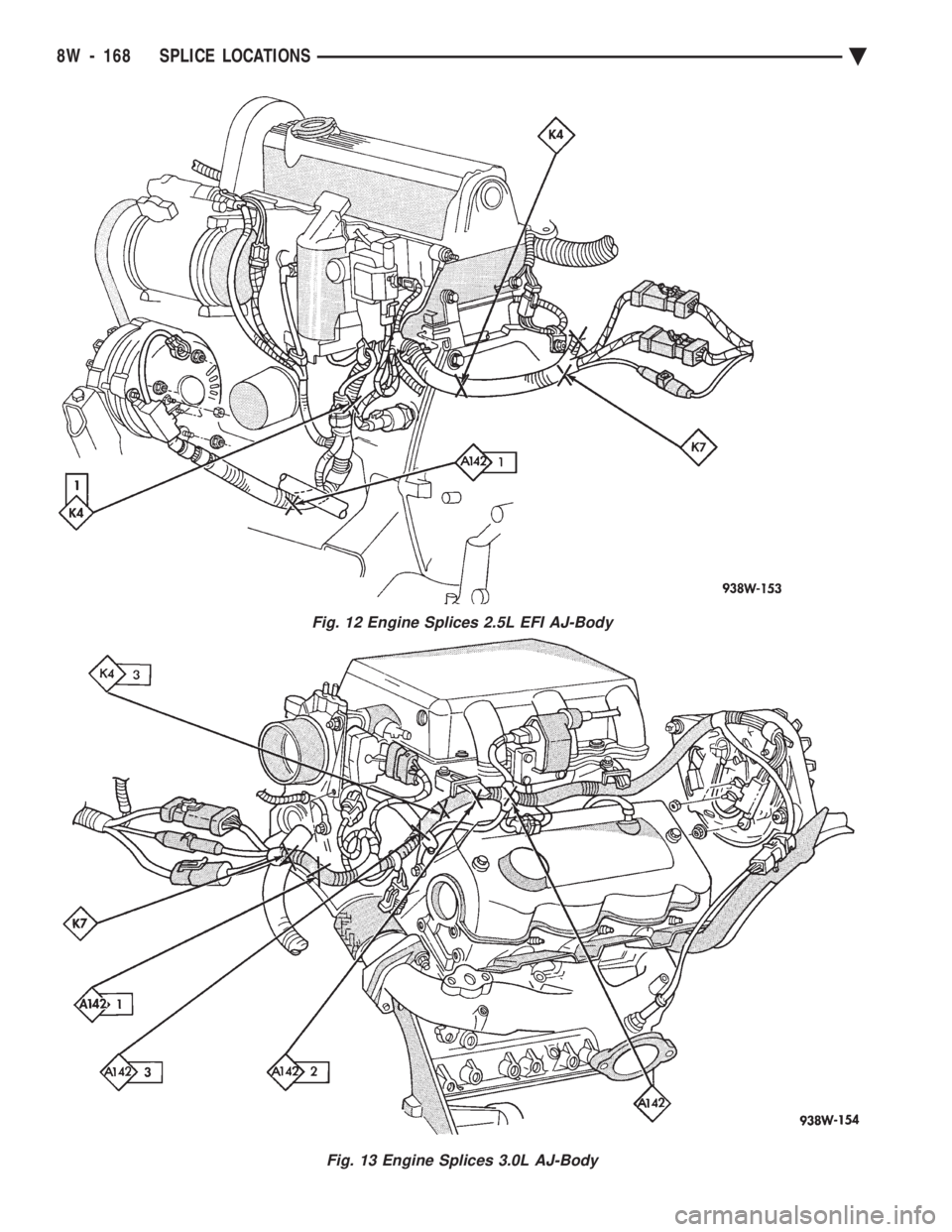 CHEVROLET PLYMOUTH ACCLAIM 1993 Service Manual Fig. 12 Engine Splices 2.5L EFI AJ-Body
Fig. 13 Engine Splices 3.0L AJ-Body
8W - 168 SPLICE LOCATIONS Ä CHEVROLET PLYMOUTH ACCLAIM 1993 Service Manual Fig. 12 Engine Splices 2.5L EFI AJ-Body
Fig. 13 Engine Splices 3.0L AJ-Body
8W - 168 SPLICE LOCATIONS Ä