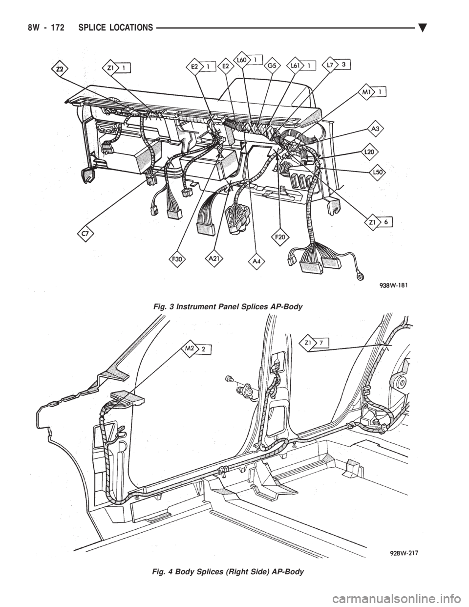 CHEVROLET PLYMOUTH ACCLAIM 1993 Service Manual Fig. 3 Instrument Panel Splices AP-Body
Fig. 4 Body Splices (Right Side) AP-Body
8W - 172 SPLICE LOCATIONS Ä CHEVROLET PLYMOUTH ACCLAIM 1993 Service Manual Fig. 3 Instrument Panel Splices AP-Body
Fig. 4 Body Splices (Right Side) AP-Body
8W - 172 SPLICE LOCATIONS Ä