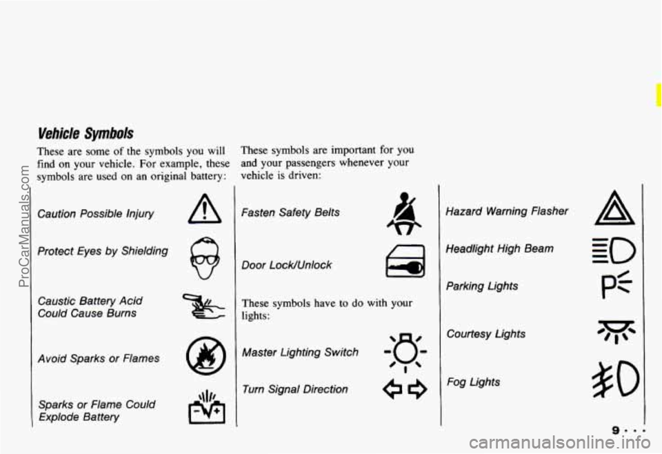 CHEVROLET CAMARO 1993 User Guide I
Vehicle Symbok
These are some of the symbols you will
find on your vehicle. For example, these
symbols are used on an original battery: These symbols are important for you
a CHEVROLET CAMARO 1993 User Guide I
Vehicle Symbok
These are some of the symbols you will
find on your vehicle. For example, these
symbols are used on an original battery: These symbols are important for you
a