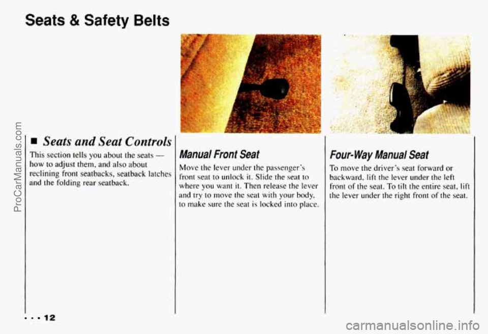 CHEVROLET CAMARO 1993 User Guide Seats & Safety Belts
I
1
i
. 12
Seats and Seat Controls
This section tells you about the seats -
how to adjust them, and also about
reclining front seatbacks, seatback latches
and
the CHEVROLET CAMARO 1993 User Guide Seats & Safety Belts
I
1
i
. 12
Seats and Seat Controls
This section tells you about the seats -
how to adjust them, and also about
reclining front seatbacks, seatback latches
and
the