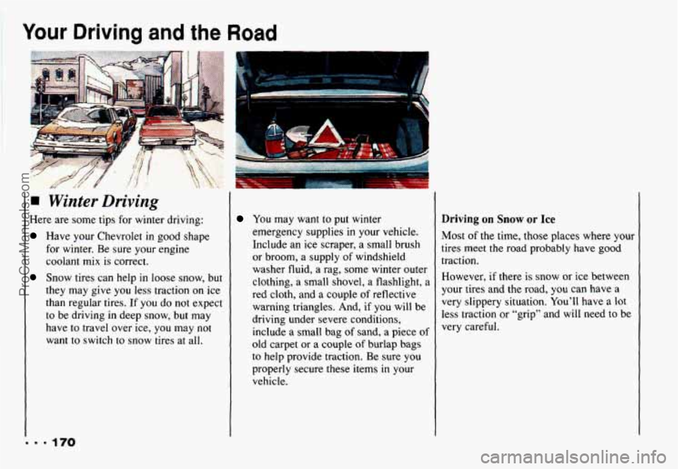 CHEVROLET CAMARO 1993 Owners Manual Your Driving and the Road
Winter Driving
Here are some tips for winter driving:
Have your Chevrolet in good shape
for winter. Be sure your engine
coolant mix is correct.
Snow tires can CHEVROLET CAMARO 1993 Owners Manual Your Driving and the Road
Winter Driving
Here are some tips for winter driving:
Have your Chevrolet in good shape
for winter. Be sure your engine
coolant mix is correct.
Snow tires can