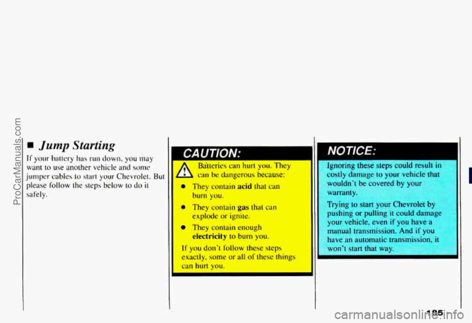 CHEVROLET CAMARO 1993 Owners Manual Jump Starting
If your battery has run down, you may
want to use another vehicle and some
jumper
cables to start your Chevrolet. But
please follow the steps below to do it
safely.
A Batteries CHEVROLET CAMARO 1993 Owners Manual Jump Starting
If your battery has run down, you may
want to use another vehicle and some
jumper
cables to start your Chevrolet. But
please follow the steps below to do it
safely.
A Batteries