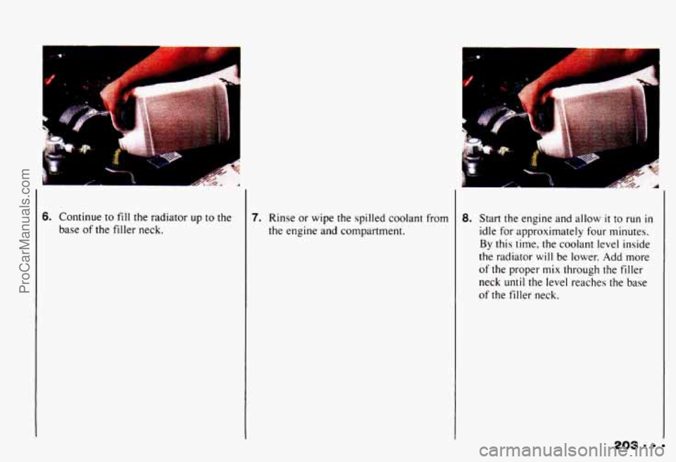 CHEVROLET CAMARO 1993 Owners Manual 6. Continue to fill the radiator up to the
base
of the filler neck.
7. Rinse or wipe the spilled coolant from
the engine and compartment.
A I
8. Start the engine and allow it t CHEVROLET CAMARO 1993 Owners Manual 6. Continue to fill the radiator up to the
base
of the filler neck.
7. Rinse or wipe the spilled coolant from
the engine and compartment.
A I
8. Start the engine and allow it t