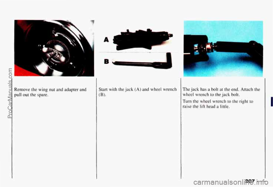 CHEVROLET CAMARO 1993 Owners Manual Remove the wing nut and adapter and
pull out the spare.
A.
Start with the jack (A) and wheel wrench
(B).
The jack has a bolt at the end. Attach the
wheel wrench to the jack bolt. CHEVROLET CAMARO 1993 Owners Manual Remove the wing nut and adapter and
pull out the spare.
A.
Start with the jack (A) and wheel wrench
(B).
The jack has a bolt at the end. Attach the
wheel wrench to the jack bolt.