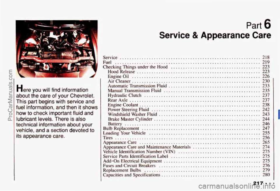 CHEVROLET CAMARO 1993 Owners Manual Part b
Here you will find information
about the care
of your Chevrolet .
This part begins with service and
fuel information. and then it shows
how
to check important fluid and CHEVROLET CAMARO 1993 Owners Manual Part b
Here you will find information
about the care
of your Chevrolet .
This part begins with service and
fuel information. and then it shows
how
to check important fluid and