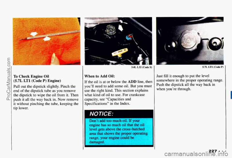 CHEVROLET CAMARO 1993 Owners Manual To Check Engine Oil
(5.7L LT1 (Code P) Engine)
Pull out the dipstick slightly. Pinch the
end of the dipstick tube as you remove
the dipstick to wipe the oil from it.
Then
push it all th CHEVROLET CAMARO 1993 Owners Manual To Check Engine Oil
(5.7L LT1 (Code P) Engine)
Pull out the dipstick slightly. Pinch the
end of the dipstick tube as you remove
the dipstick to wipe the oil from it.
Then
push it all th