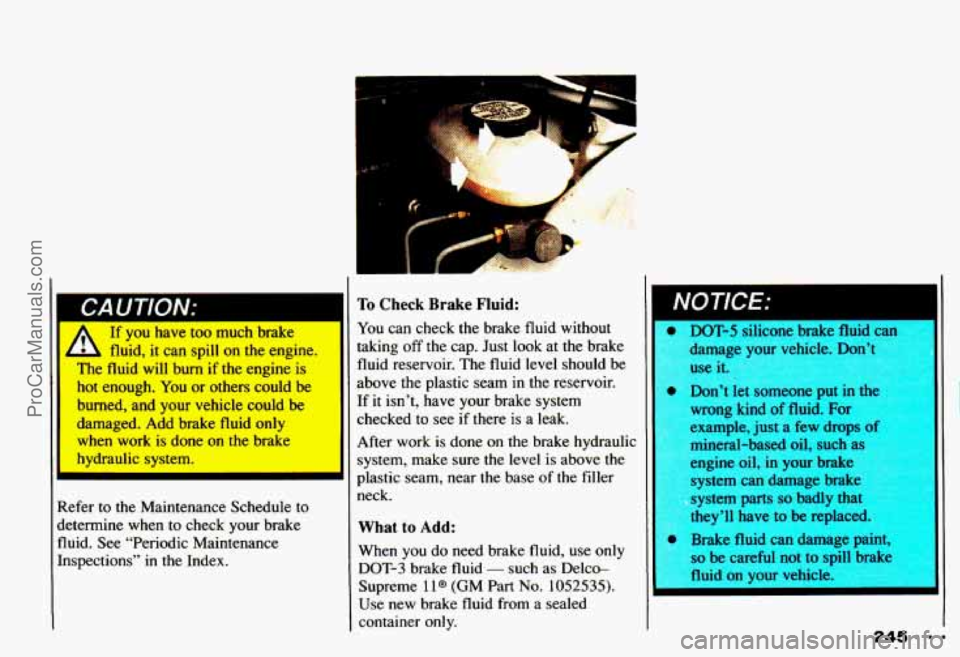 CHEVROLET CAMARO 1993 Owners Manual I I A If you have too much brake
L , fluid, it can spill on the engine.
‘-L: fluid will burn if the engine is
hot enough. You or others could be
burned, and your vehicle c CHEVROLET CAMARO 1993 Owners Manual I I A If you have too much brake
L , fluid, it can spill on the engine.
‘-L: fluid will burn if the engine is
hot enough. You or others could be
burned, and your vehicle c