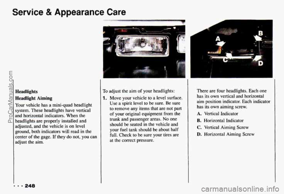 CHEVROLET CAMARO 1993 Owners Manual Service & Appearance Care
Headlights
Headlight Aiming
Your vehicle has a mini-quad headlight
system. These headlights have vertical
and horizontal indicators. When the
headlights are CHEVROLET CAMARO 1993 Owners Manual Service & Appearance Care
Headlights
Headlight Aiming
Your vehicle has a mini-quad headlight
system. These headlights have vertical
and horizontal indicators. When the
headlights are