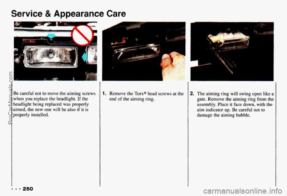 CHEVROLET CAMARO 1993 Owners Manual Service & Appearance Care
t
1
... 250
Be careful not to move the aiming screws
when
you replace the headlight. If the
headlight being replaced was properly
aimed, the new one will be CHEVROLET CAMARO 1993 Owners Manual Service & Appearance Care
t
1
... 250
Be careful not to move the aiming screws
when
you replace the headlight. If the
headlight being replaced was properly
aimed, the new one will be