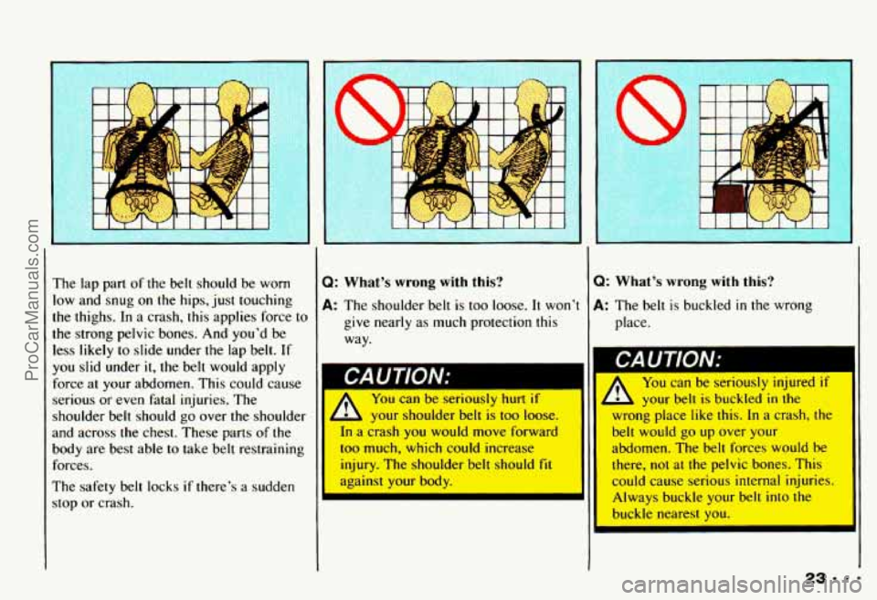 CHEVROLET CAMARO 1993 Owners Manual The lap  part  of  the  belt  should  be  worn 
low  and  snug  on  the  hips,  just  touching 
the  thighs. 
In a crash, this applies  force tc 
the strong  pelvic  bones.  And you’d  be 
less  lik