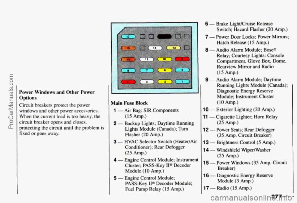 CHEVROLET CAMARO 1993 Owners Manual Power Windows and Other Power
Options
Circuit breakers protect the power
windows and other power accessories.
When the current load is
too heavy, the
circuit breaker opens and closes CHEVROLET CAMARO 1993 Owners Manual Power Windows and Other Power
Options
Circuit breakers protect the power
windows and other power accessories.
When the current load is
too heavy, the
circuit breaker opens and closes