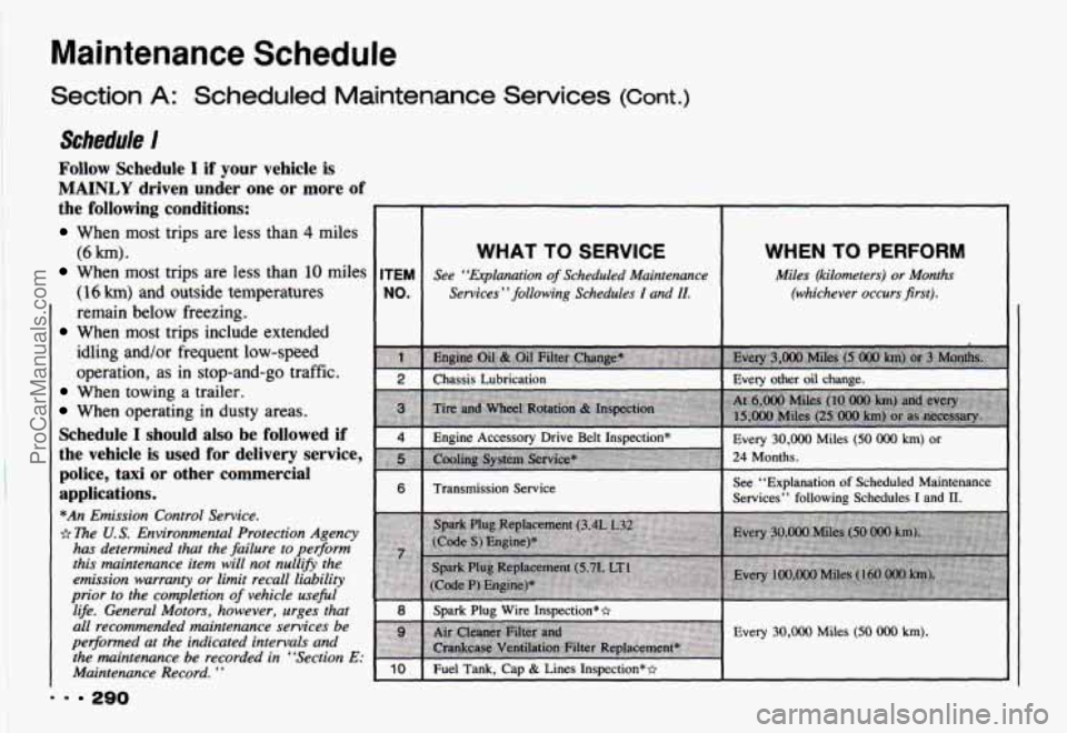 CHEVROLET CAMARO 1993 Owners Manual Maintenance Schedule
Section A: Scheduled Maintenance Services (Cont.)
Schedule I
Follow Schedule I if your vehicle is
MAINLY driven under one or more of
the following conditions:
Whe CHEVROLET CAMARO 1993 Owners Manual Maintenance Schedule
Section A: Scheduled Maintenance Services (Cont.)
Schedule I
Follow Schedule I if your vehicle is
MAINLY driven under one or more of
the following conditions:
Whe