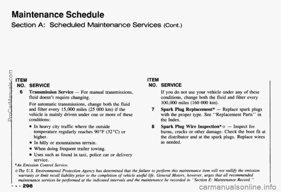 CHEVROLET CAMARO 1993 Owners Manual Maintenance Schedule
aection A: Scheduled Maintenance Services (Cont.)
ITEM
NO. SERVICE
6 Transmission Service - For manual transmissions,
fluid doesn’t require changing.
For automatic CHEVROLET CAMARO 1993 Owners Manual Maintenance Schedule
aection A: Scheduled Maintenance Services (Cont.)
ITEM
NO. SERVICE
6 Transmission Service - For manual transmissions,
fluid doesn’t require changing.
For automatic