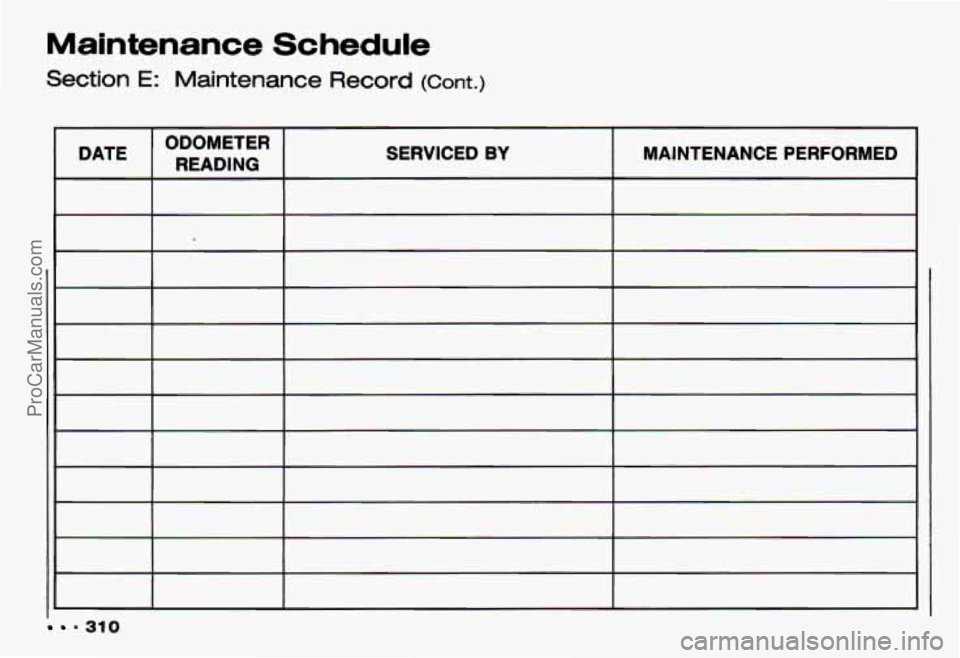 CHEVROLET CAMARO 1993 Owners Manual Maintenance Schedule
Section E: Maintenance Record (Cant.)
DATE ODOMETER
READING SERVICED BY MAINTENANCE PERFORMED
310
ProCarManuals.com CHEVROLET CAMARO 1993 Owners Manual Maintenance Schedule
Section E: Maintenance Record (Cant.)
DATE ODOMETER
READING SERVICED BY MAINTENANCE PERFORMED
310
ProCarManuals.com