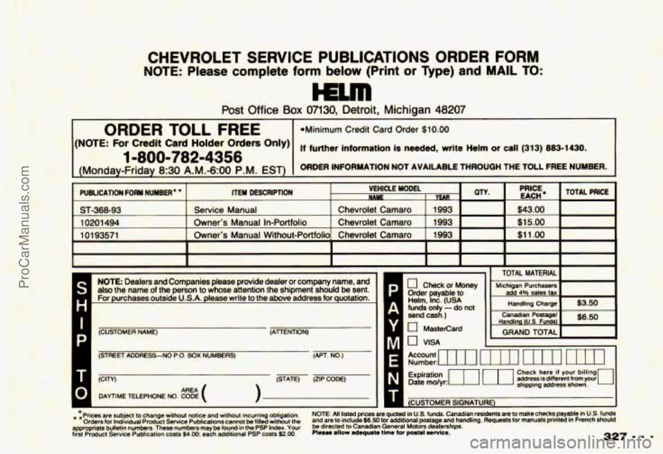 CHEVROLET CAMARO 1993 Owners Manual ProCarManuals.com CHEVROLET CAMARO 1993 Owners Manual ProCarManuals.com