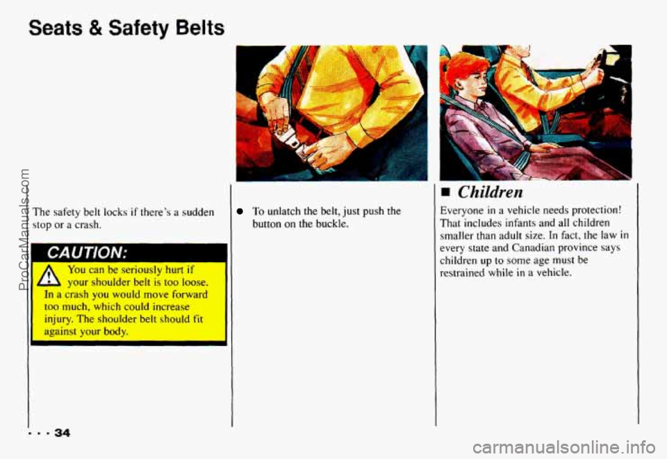 CHEVROLET CAMARO 1993 Owners Guide Seats & Safety Belts
r
The safety belt locks if theres a sudden
stop or a crash.
You can be seriously
hurt if
1 4 your shoulder belt is too loose.
I In a crash you would move forward
3 CHEVROLET CAMARO 1993 Owners Guide Seats & Safety Belts
r
The safety belt locks if theres a sudden
stop or a crash.
You can be seriously
hurt if
1 4 your shoulder belt is too loose.
I In a crash you would move forward
3