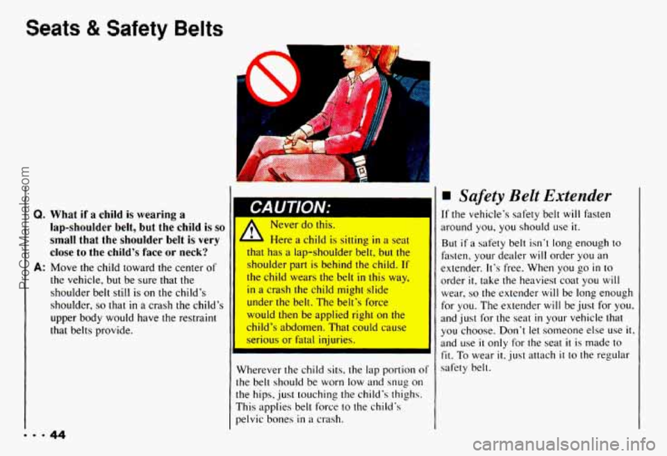 CHEVROLET CAMARO 1993 Service Manual Seats & Safety Belts
Q. What if a child is wearing a
lap-shoulder belt,
but the child is so
small that the shoulder belt is very
close
to the childs face or neck?
A: Move the child CHEVROLET CAMARO 1993 Service Manual Seats & Safety Belts
Q. What if a child is wearing a
lap-shoulder belt,
but the child is so
small that the shoulder belt is very
close
to the childs face or neck?
A: Move the child