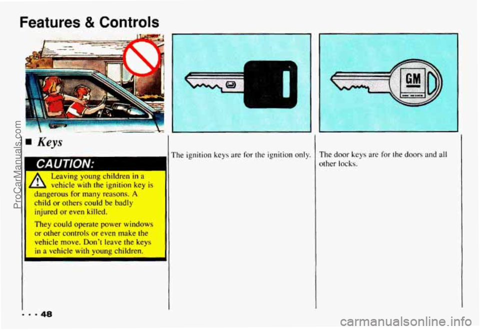 CHEVROLET CAMARO 1993 Workshop Manual Features & Controls
4 Keys
The ignition keys are for the ignition only.
Leaving young children in a
d L vehicle with the ignition key is
dangerous for many reasons. A
child or others could CHEVROLET CAMARO 1993 Workshop Manual Features & Controls
4 Keys
The ignition keys are for the ignition only.
Leaving young children in a
d L vehicle with the ignition key is
dangerous for many reasons. A
child or others could