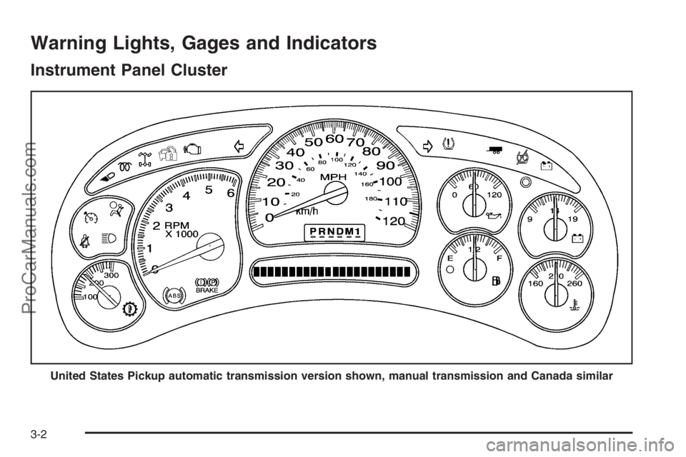 CHEVROLET DURAMAX 2006  Owners Manual Warning Lights, Gages and Indicators
Instrument Panel Cluster
United States Pickup automatic transmission version shown, manual transmission and Canada similar
3-2
ProCarManuals.com 