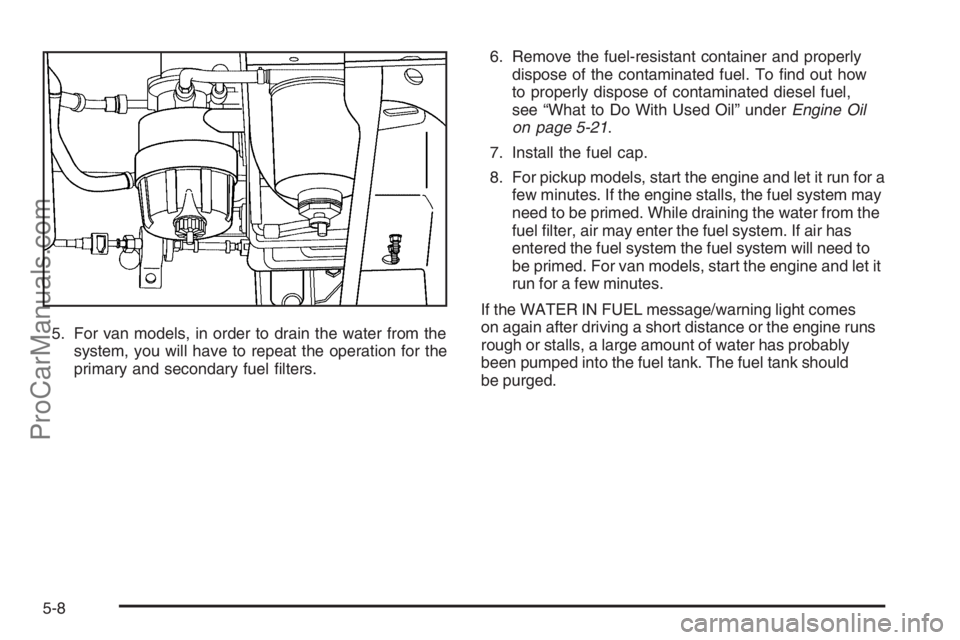 CHEVROLET DURAMAX 2006 Owners Guide 5. For van models, in order to drain the water from the
system, you will have to repeat the operation for the
primary and secondary fuel ﬁlters.6. Remove the fuel-resistant container and properly
di