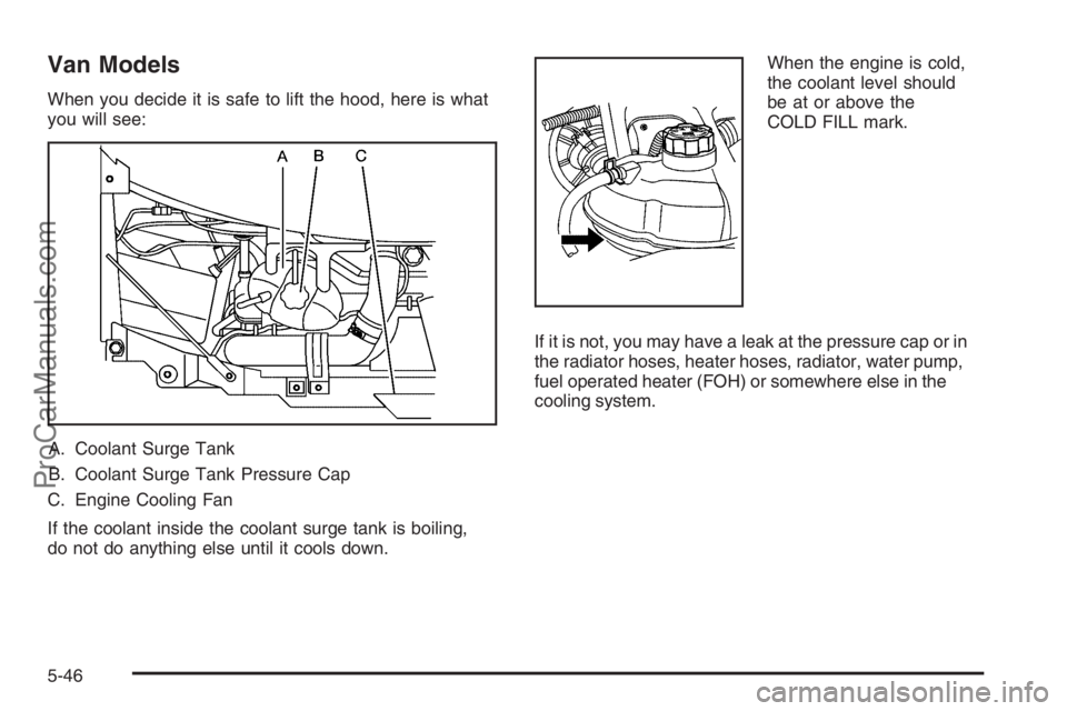 CHEVROLET DURAMAX 2006 Repair Manual Van Models
When you decide it is safe to lift the hood, here is what
you will see:
A. Coolant Surge Tank
B. Coolant Surge Tank Pressure Cap
C. Engine Cooling Fan
If the coolant inside the coolant surg