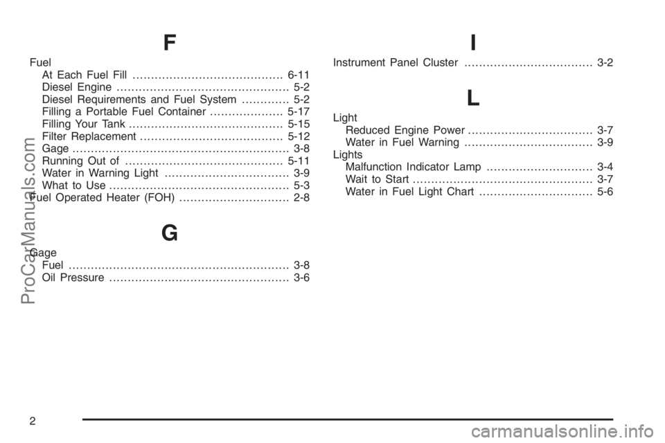 CHEVROLET DURAMAX 2006  Owners Manual F
Fuel
At Each Fuel Fill.........................................6-11
Diesel Engine............................................... 5-2
Diesel Requirements and Fuel System............. 5-2
Filling a Po