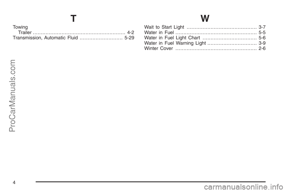 CHEVROLET DURAMAX 2006  Owners Manual T
Towing
Trailer.......................................................... 4-2
Transmission, Automatic Fluid...........................5-29
W
Wait to Start Light.......................................