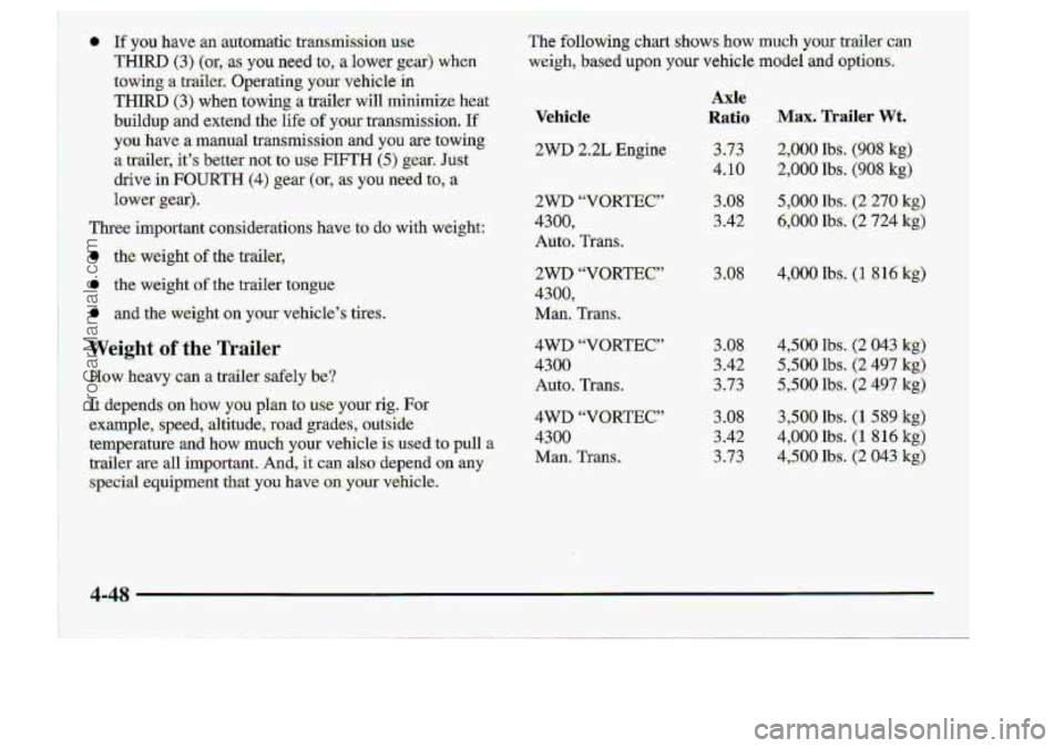 CHEVROLET S10 1998 Owners Manual Vehicle
3.08 4,000 Ibs. (.l 8.16kg)
4-48
:‘ . :{
ProCarManuals.com CHEVROLET S10 1998 Owners Manual Vehicle
3.08 4,000 Ibs. (.l 8.16kg)
4-48
:‘ . :{
ProCarManuals.com