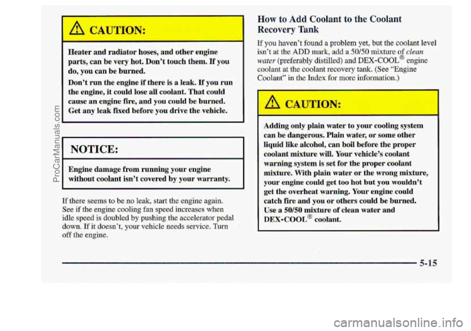 CHEVROLET S10 1998  Owners Manual .. 
Later and radiator hoses, and otherengine 
parts,  can  be-very hot.  Don’t  touch  them, 
If you 
do, you can be burned. 
Don’t 
run the  engine if there-is a leak. If you run 
the engine, it