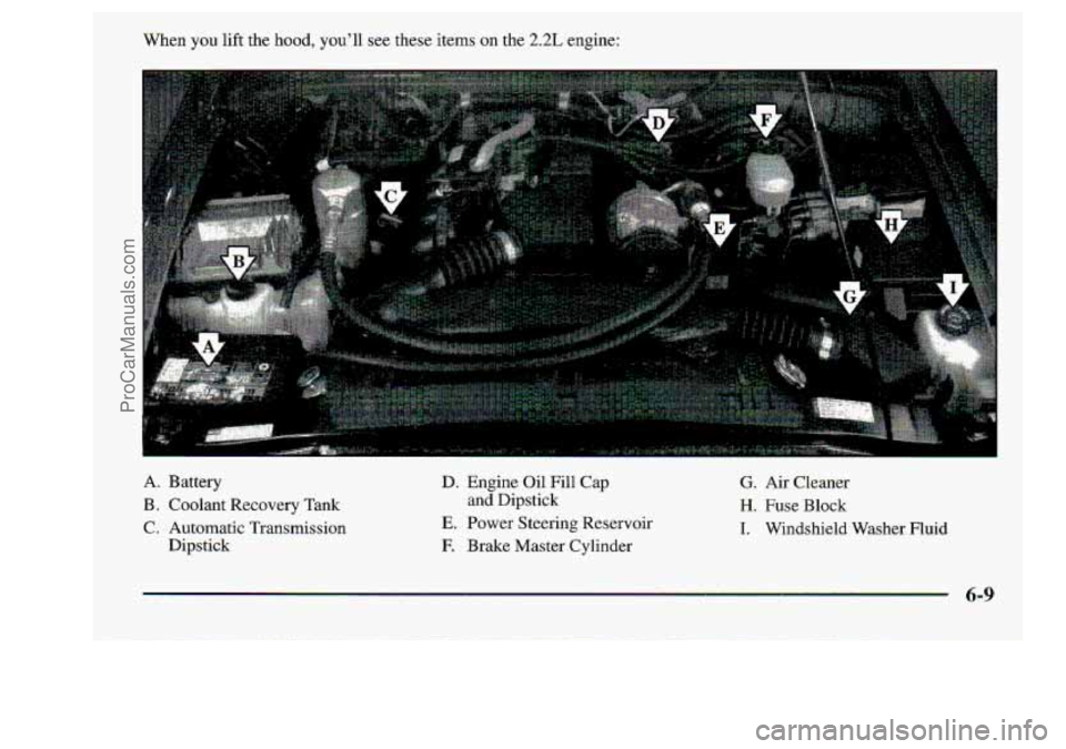 CHEVROLET S10 1998  Owners Manual When you lift the hood,. you’ll see these  items on the 2.2L-engine: 
A. Battery D. Engine  Oil  Fill Cap G. Air  Cleaner 
B. Coolant  Recovery  Tank  and  Dipstick H. Fuse Block 
C. Automatic Trans