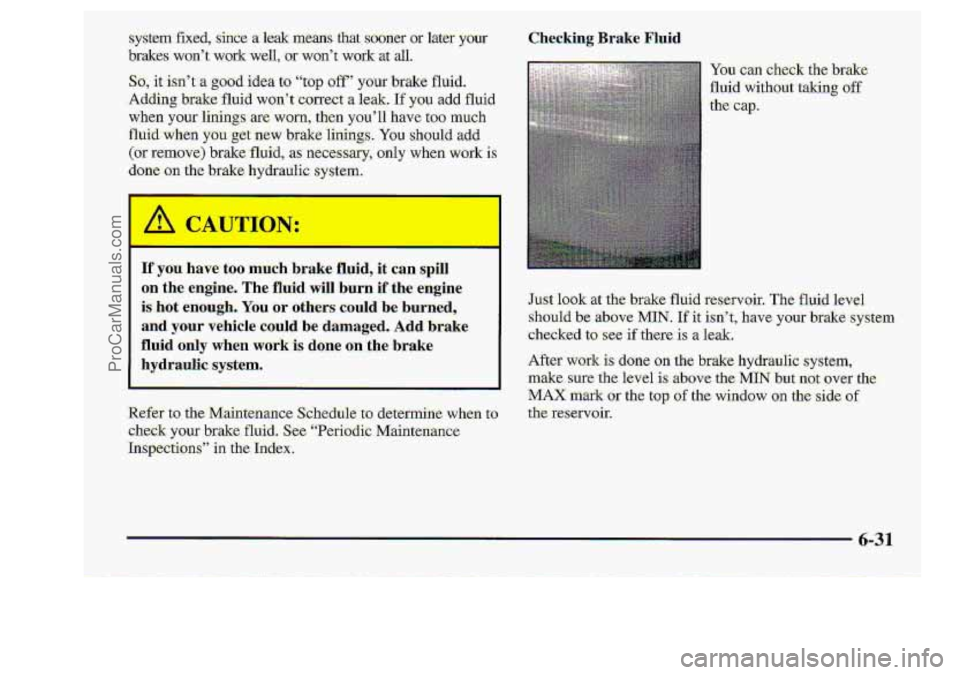 CHEVROLET S10 1998  Owners Manual I- 
If ycii .-. e roo much brake.fluid, it--can  spill 
on-the  engine. 
The fluid will bum if-the-engine 
is-.hc& enough; You :or others could be burned, 
and your vehicle could be damaged. Add brake