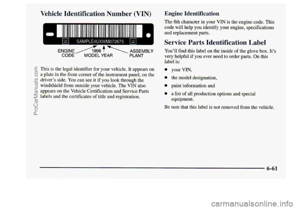 CHEVROLET S10 1998  Owners Manual I 
ENGINE/ iQSS t.1 A. SSEMBLY . .  . 
-CODE MODEL YEAR PLANT 
ProCarManuals.com 