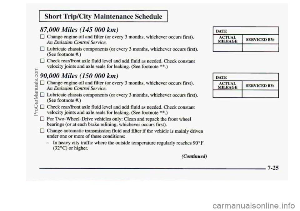 CHEVROLET S10 1998 Owners Manual I Short Tri.p/City Maintenance. Sch,edule I
I DATE
MILEAGE
7-25
ProCarManuals.com CHEVROLET S10 1998 Owners Manual I Short Tri.p/City Maintenance. Sch,edule I
I DATE
MILEAGE
7-25
ProCarManuals.com