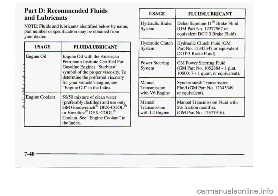 CHEVROLET S10 1998  Owners Manual I 
.Part Ik Recommended Fluids 
and :Lubricants. 
NOTE: Fluids aqd lubricants identified below by name, 
partnumber OF specification may be obtained from 
your dealer, 
USAGE 
Engine Oil’ 
Manual 
T