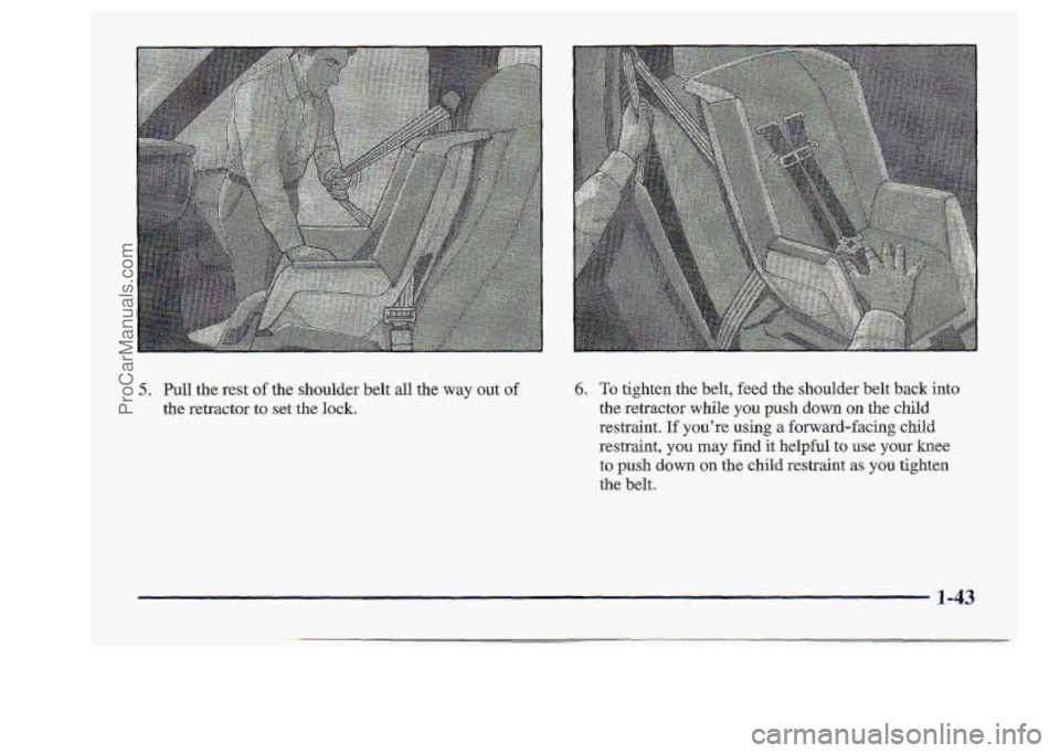 CHEVROLET S10 1998 Owners Manual 5. Pull the:rest of the shoulder belt ala the way out uf
the, retractor to. set .the lock.
6. To tighten the belt, fed the shoulder bekback into.
the retractor while you push down on the chld
CHEVROLET S10 1998 Owners Manual 5. Pull the:rest of the shoulder belt ala the way out uf
the, retractor to. set .the lock.
6. To tighten the belt, fed the shoulder bekback into.
the retractor while you push down on the chld