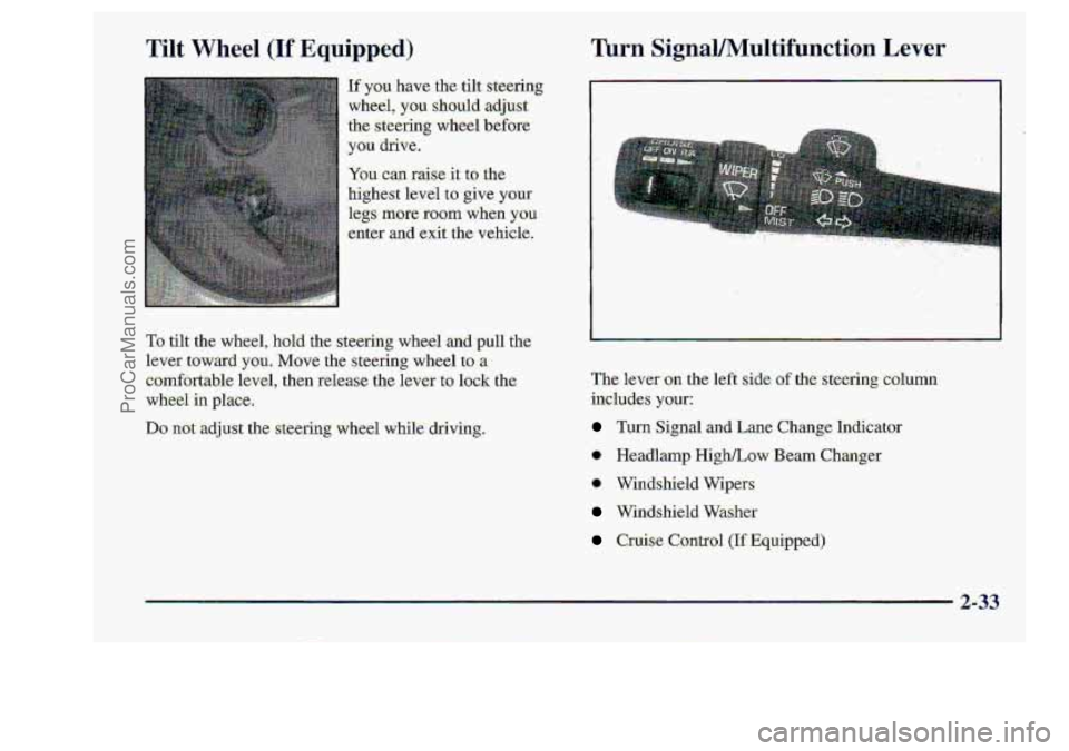 CHEVROLET S10 1998  Owners Manual Turn SignaYlVZuItifu-nction ,Lever 
Ilf~ you. have the tilt. steering 
wheel, you  shou1d:adjust. 
the .steering  .wheel before 
you drive. 
You can raise it. to .the 
highest level to.give your 
leg