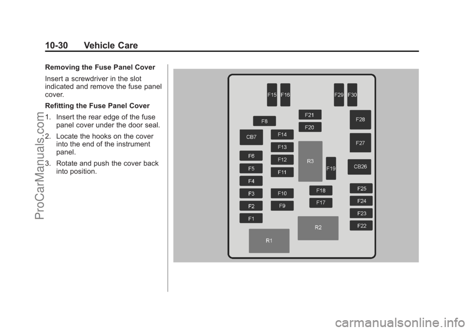 CHEVROLET SS 2014  Owners Manual Black plate (30,1)Chevrolet SS Sedan Owner Manual (GMNA-Localizing-U.S.-6014851) - 2014 -
1st Edition - 8/22/13
10-30 Vehicle Care
Removing the Fuse Panel Cover
Insert a screwdriver in the slot
indica