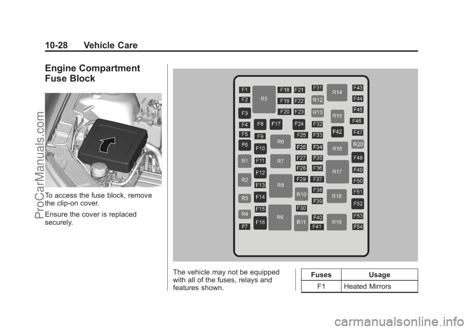 CHEVROLET SS 2015  Owners Manual Black plate (28,1)Chevrolet SS Sedan Owner Manual (GMNA-Localizing-U.S.-7707491) - 2015 -
crc - 9/16/14
10-28 Vehicle Care
Engine Compartment
Fuse Block
To access the fuse block, remove
the clip-on co CHEVROLET SS 2015  Owners Manual Black plate (28,1)Chevrolet SS Sedan Owner Manual (GMNA-Localizing-U.S.-7707491) - 2015 -
crc - 9/16/14
10-28 Vehicle Care
Engine Compartment
Fuse Block
To access the fuse block, remove
the clip-on co