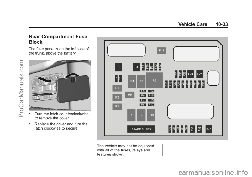CHEVROLET SS 2015  Owners Manual Black plate (33,1)Chevrolet SS Sedan Owner Manual (GMNA-Localizing-U.S.-7707491) - 2015 -
crc - 9/16/14
Vehicle Care 10-33
Rear Compartment Fuse
Block
The fuse panel is on the left side of
the trunk,  CHEVROLET SS 2015  Owners Manual Black plate (33,1)Chevrolet SS Sedan Owner Manual (GMNA-Localizing-U.S.-7707491) - 2015 -
crc - 9/16/14
Vehicle Care 10-33
Rear Compartment Fuse
Block
The fuse panel is on the left side of
the trunk,