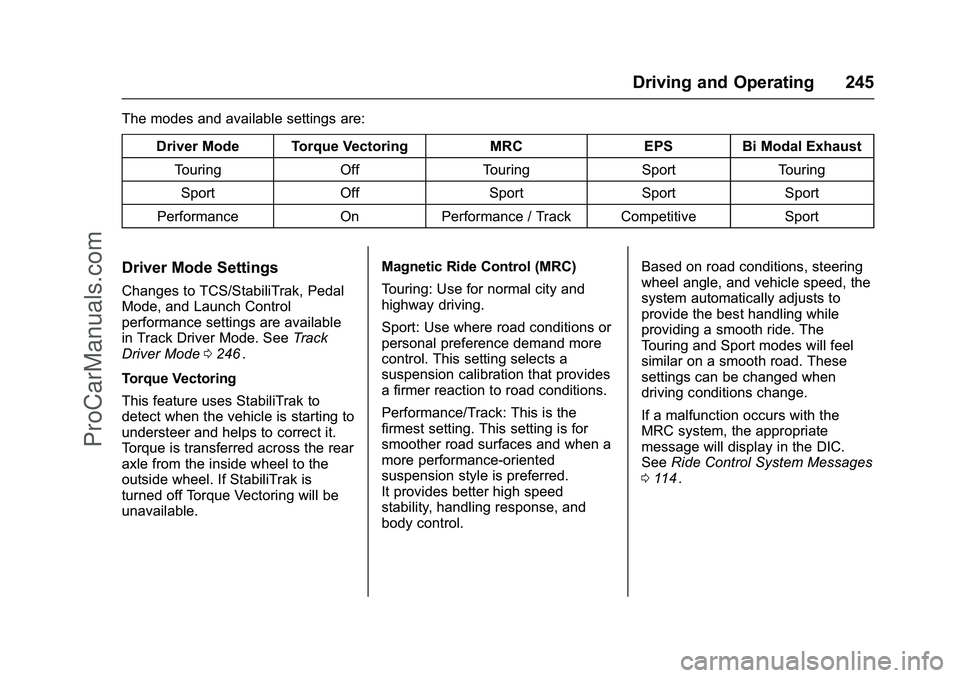 CHEVROLET SS 2016 Owners Manual Chevrolet SS Sedan Owner Manual (GMNA-Localizing-U.S.-9234782) - 2016 -
CRC - 8/24/15
Driving and Operating 245
The modes and available settings are:Driver Mode Torque Vectoring MRC EPS Bi Modal Exhau CHEVROLET SS 2016 Owners Manual Chevrolet SS Sedan Owner Manual (GMNA-Localizing-U.S.-9234782) - 2016 -
CRC - 8/24/15
Driving and Operating 245
The modes and available settings are:Driver Mode Torque Vectoring MRC EPS Bi Modal Exhau