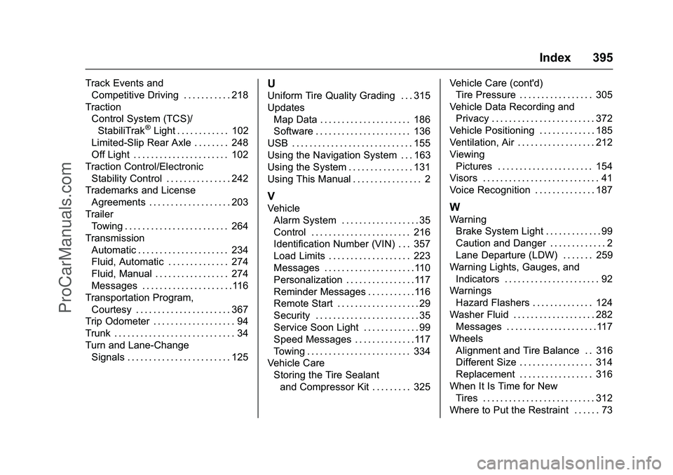 CHEVROLET SS 2016 Owners Manual Chevrolet SS Sedan Owner Manual (GMNA-Localizing-U.S.-9234782) - 2016 -
CRC - 8/24/15
Index 395
Track Events andCompetitive Driving . . . . . . . . . . . 218
Traction Control System (TCS)/StabiliTrak
CHEVROLET SS 2016 Owners Manual Chevrolet SS Sedan Owner Manual (GMNA-Localizing-U.S.-9234782) - 2016 -
CRC - 8/24/15
Index 395
Track Events andCompetitive Driving . . . . . . . . . . . 218
Traction Control System (TCS)/StabiliTrak