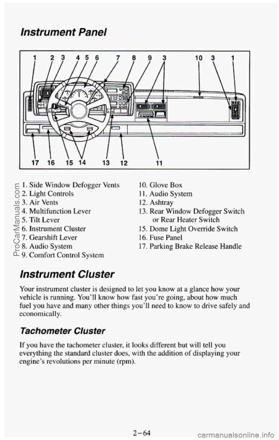 CHEVROLET SUBURBAN 1994 Owners Manual Instrument Panel
13 1’2
1. Side Window Defogger Vents
2. Light Controls
3. Air Vents
4. Multifunction Lever
5. Tilt Lever
6. Instrument Cluster
7. Gearshift Lever
8. Audio System
9. Comf CHEVROLET SUBURBAN 1994 Owners Manual Instrument Panel
13 1’2
1. Side Window Defogger Vents
2. Light Controls
3. Air Vents
4. Multifunction Lever
5. Tilt Lever
6. Instrument Cluster
7. Gearshift Lever
8. Audio System
9. Comf